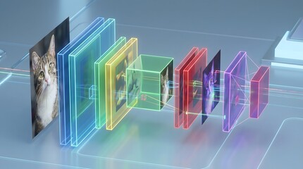 画像認識AIの仕組みを示す、猫の画像が複数の処理層を通る概念イラスト
